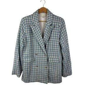 Pinch Tweed Double Breasted Blazer Large Blue Houndstooth Check Old Money Preppy